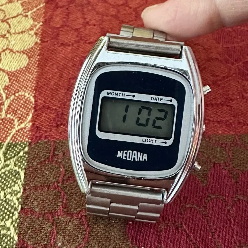 Vintage Medana Retro 80s Men’s Silver Tone and Blue Digital Watch